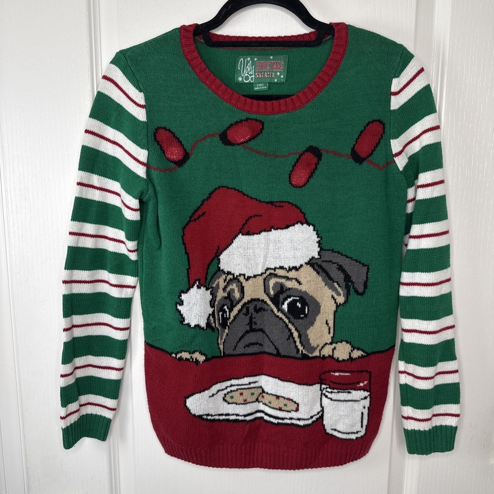 Ugly Christmas Sweater Pug Santa Hat Milk Cookies Size M Striped Sleeve Holiday